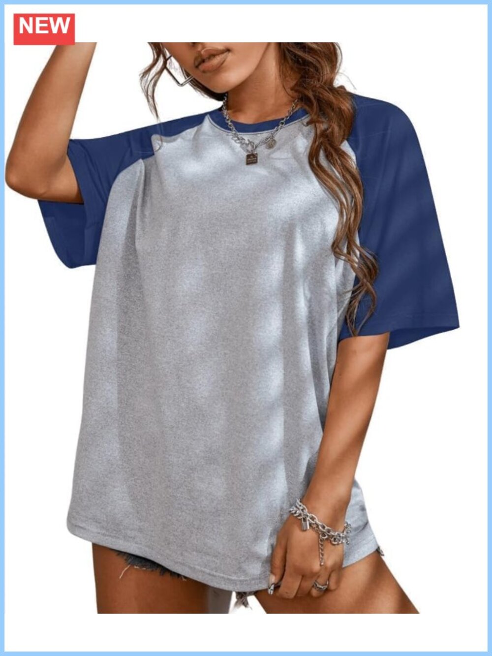 Oversized Raglan Baseball Tee Color Block Crew Neck Tunic Drop Shoulder